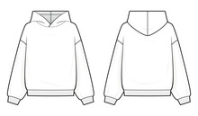 Classic Hoodie technical fashion illustration. hoodie vector template illustration. front and back view. oversized. drop shoulder. unisex. white color. CAD mockup.