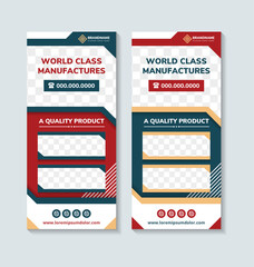 Wall Mural - world class manufactures roll up banner design template in vertical layout. red and blue background.