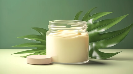 Sticker - Glass jar with care product and tropical leaves, generative AI.