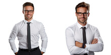 A Picture Of A Friendly Businessman With Crossed Arms And A Smile Meeting Colleagues At A Corporate Seminar Wearing Glasses And A White Shirt With Black Pants And A Tie In A Gray Office Sett