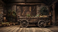 Rustic Wheeled Cart In An Old Plank Room In The Countrysi. Generative AI.