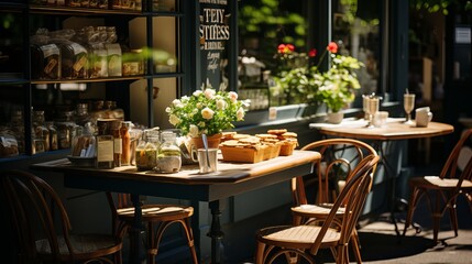 
Rustic outdoor bakery and coffee shop with hot pastries and tables for patrons. Handmade bread Various loaves, baguettes. Rye, buckwheat, bran, gluten-free, wheat buns, sunny day