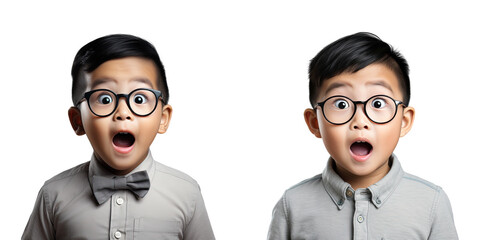 Asian boy with glasses surprised on transparent background Korean child amazed at blank space on isolated background