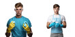 Young man with glove prepared for cleaning posing with transparent background