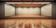 Empty dance studio, wall mirrors reflect the polished wooden floor, barres
