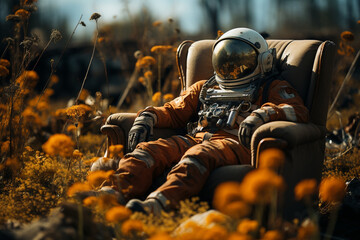 Wall Mural - an astronaut in a spacesuit is sitting in a chair in a field with flowers