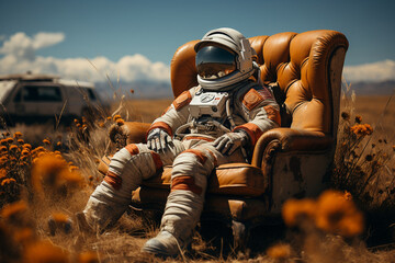 Wall Mural - an astronaut in a spacesuit is sitting in a chair in a field with flowers