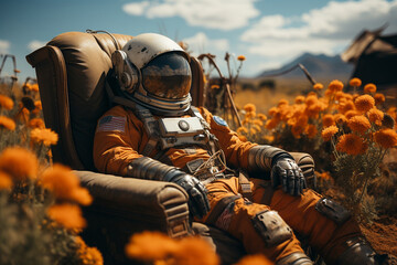 Wall Mural - an astronaut in a spacesuit is sitting in a chair in a field with flowers