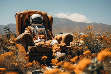 Wall Mural - an astronaut in a spacesuit is sitting in a chair in a field with flowers