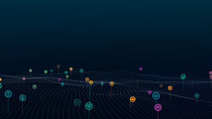Wall Mural - colorful digital technology icons levitation over the particle wave with futuristic abstract backgro