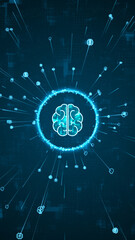 Blue digital brain logo and AI icons ring rotation around logo with ai icons spread on abstract background with Ai chatbot and machine learning technology