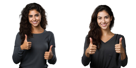 Female student giving a thumbs up alone on transparent background