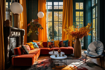 Poster - living room with large windows in autumn