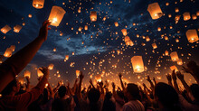 Sky Lanterns Or Chinese Lantern, People Let Go In The Air