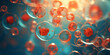 cells flowing through a microscope, Cell and Gene Therapy, DNA molecule and multiple droplets against red backdrop, shallow focus. Biochemistry, medicine or blood test related, generative Ai
