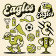 Eagle Mascot Object Sport Set in Vintage Hand Drawn Design