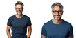 © 2rogan - Smiling middle aged man with folded arms wearing blue T shirt and glasses standing against transparent background Focusing on eyesight
