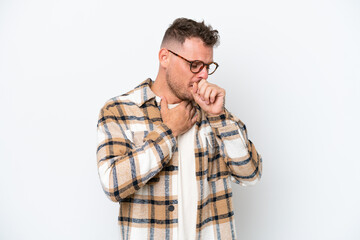 Wall Mural - Young caucasian handsome man isolated on white background coughing a lot