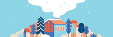 Vector Illustration In Trendy Flat Simple Style - Happy Holidays - Merry  Christmas And Happy New Year Greeting Card And Banner - Winter Landscape With Houses And Hand-lettering Phrase