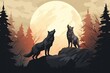 wolf pack stand howl to full moon night lansdscape illustration
