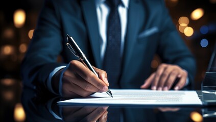 Close-up of businessman signing contract at office. Business concept.