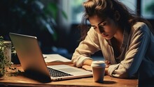 Beautiful Young Woman Using Laptop And Drinking Coffee At Workplace In Office