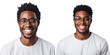 Close up portrait of a joyful African American man in glasses and a white shirt isolated on a transparent background