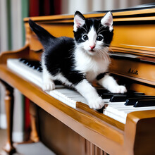 Black And White Cat Sitting On Top Of Piano Keys
