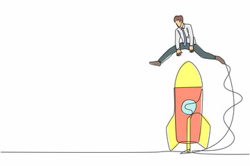 Poster - Single continuous line drawing businessman jumping over big rocket. Successful startup launch preparation. Space rocket flies up. New business project. One line draw graphic design vector illustration