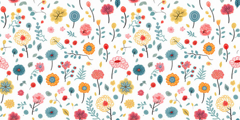 Group of striking colorful wildflowers in an endless seamless pattern on a neutral background. Floral print for textile manufacturing of children's clothing for boys and girls. Botanical mosaic concep