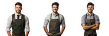 Happy Employee In A White Apron With Crossed Arms Working As A Barman Waiter Or Gardener