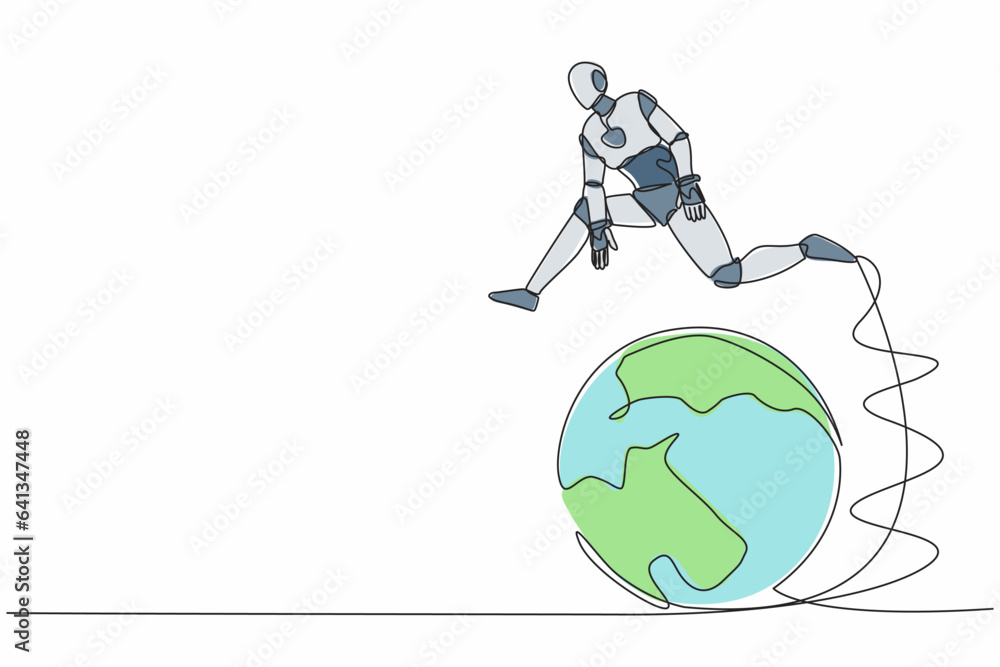Single continuous line drawing robot jumping over globe. International partnership, cooperation in business. Travel destination. Robot artificial intelligence. One line draw design vector illustration
