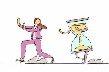 Sticker - Single continuous line drawing scared businesswoman being chased by hourglass. Female manager exhausted with work deadlines, depression. Minimalism metaphor. One line draw design vector illustration