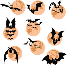 Bat Birds Flying With Halloween Moon. Scary October Night Flock Spooky Vector Background, Black And White Halloween And Bats With Terrible Night In The Cemetery On Halloween A Full Moon