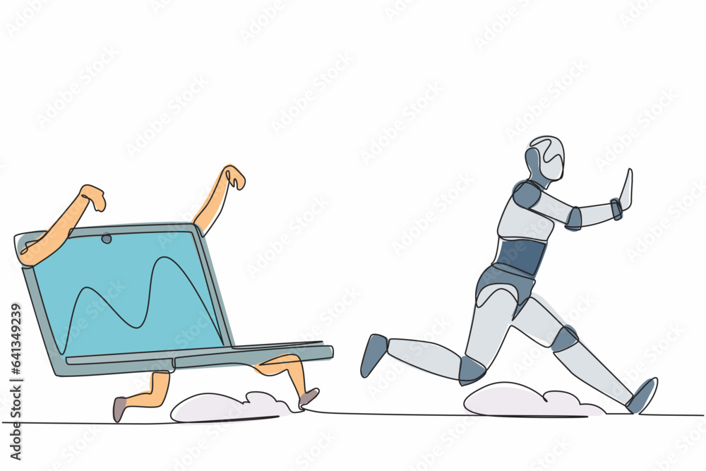 Single continuous line drawing stressed robot being chased by laptop ...