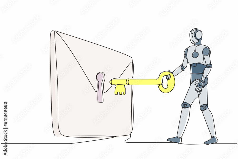 Single one line drawing robot putting big key into mail. Digital ...