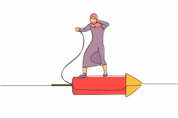 Wall Mural - Continuous one line drawing Arab businesswoman standing on firework rocket, trying to set it on fire to growth career track. Agility motivation for success. Single line draw design vector illustration
