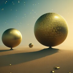 Aufkleber - 3d glassy golden colored sphere shapes, minimal concept background. Ideal for luxurious and scientific designs, nano technology, microbiology, chemistry, biology, etc. Ai generated art.