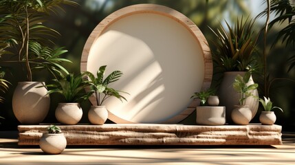 Wall Mural - A group of potted plants in front of a mirror. Digital image. Stage, podium for beauty product.