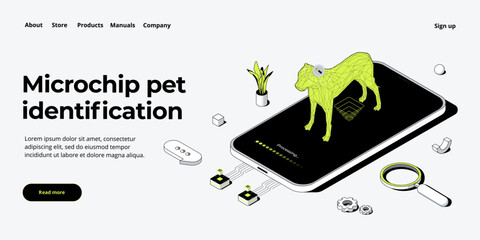 Pet microchip concept illustration in isometric vector design. Dog or animal tracking chip identification. Id implant scan technology web banner layout.