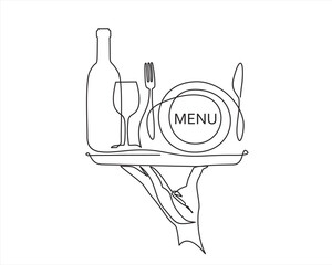 Sticker - Continuous one single line drawing of hand holding dish with plate, fork, knife, bottle of wine and glass. Menu food design. Vector illustration.