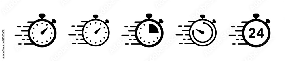 Quick time or deadline icon set in line style. Outline stopwatch, timer ...
