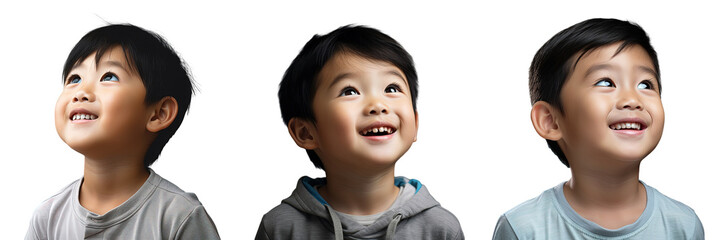 Sticker - Smiling Asian boy with one eye looking upward on transparent background