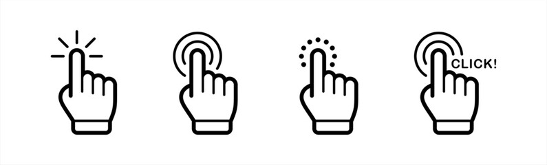 Click here icon set in line style. Hand click, Hand clicking, finger, Touch screen, pointer, cursor, gesture, mouse press push simple black style symbol sign for apps and website, vector illustration.