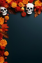 Dia De Los Muertos, Blackboard With Sugar Skull Ornament And Copy Space