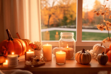 Wall Mural - Cozy living room interior in fall palette with autumn flowers and pumpkins decor