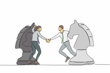 Canvas Print - Continuous one line drawing businessman competitors standing on horse chess piece, handshaking after finish agreement. Negotiation strategy, win-win situation. Single line design vector illustration