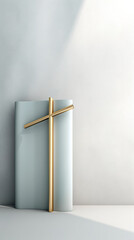 Wall Mural - Light pastel background with a golden cross, generative AI.