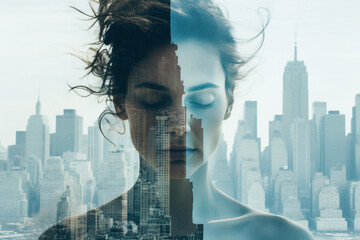 Wall Mural - Beauty, fashion, make-up, fine art concept. Abstract minimalist beautiful woman portrait in glitch or double exposure effect. Big cityscape in exposure reflection. Muted pastel colors. Generative AI