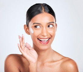 Wall Mural - Happy woman, beauty and cream on face, dermatology and skincare on white background. Lotion, sunscreen and moisturizer with wellness, skin with glow and facial mask for cosmetic care in a studio